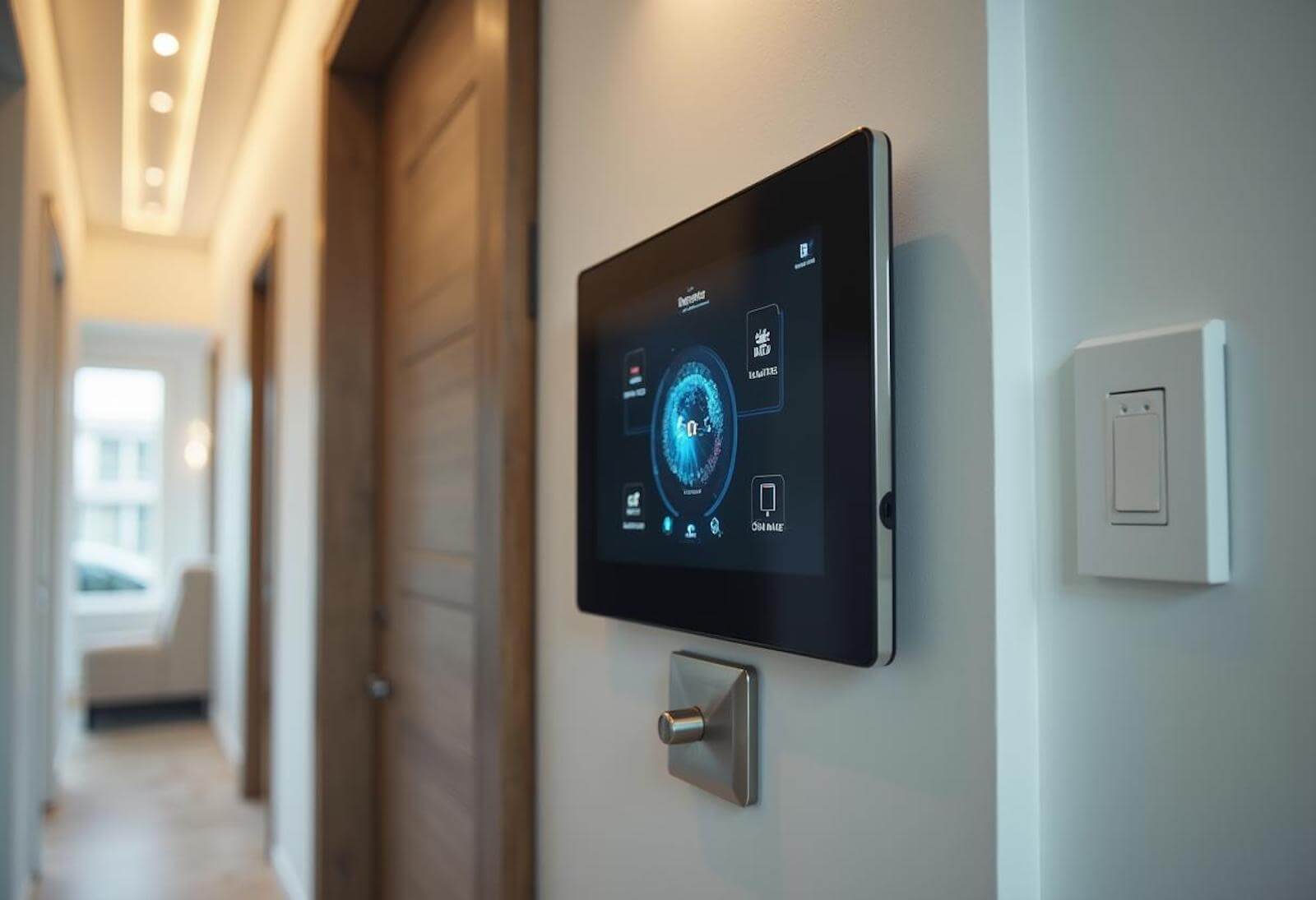 Dotykowy panel sterowania smart home na ścianie w nowoczesnym korytarzu, wieńczący gotowe projekty techniczne instalacji elektrycznej.