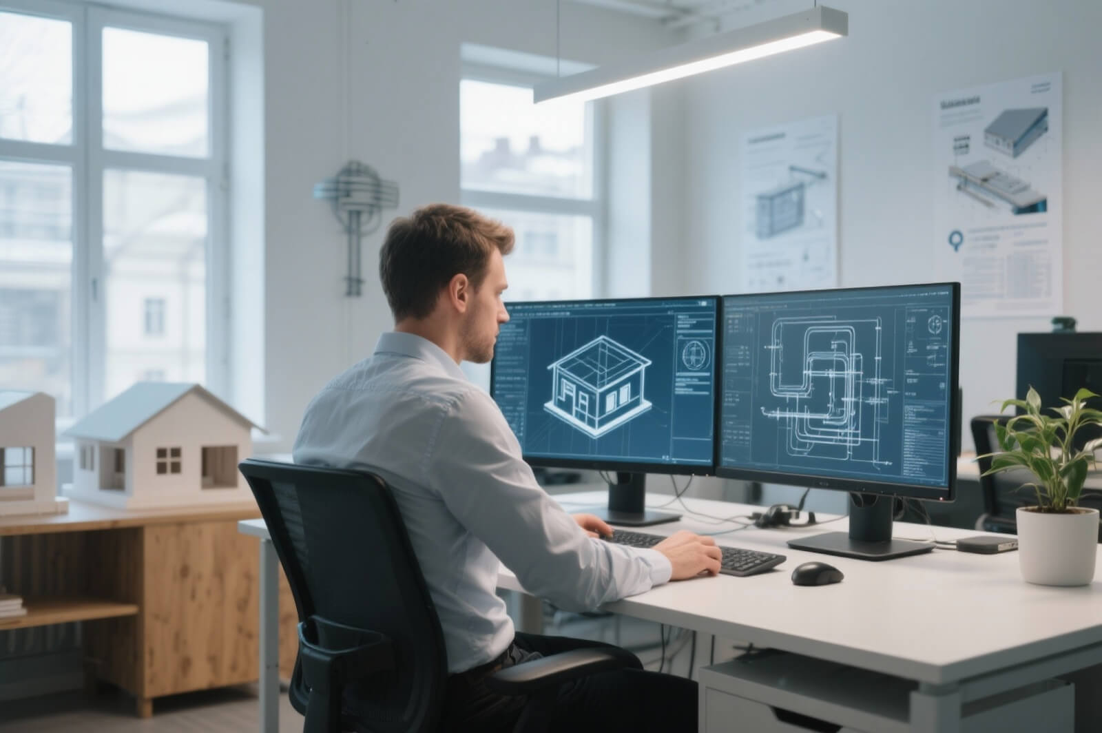Inżynier w błękitnej koszuli pracuje przy dwóch monitorach, tworząc w programie komputerowym projekt instalacji elektrycznej.